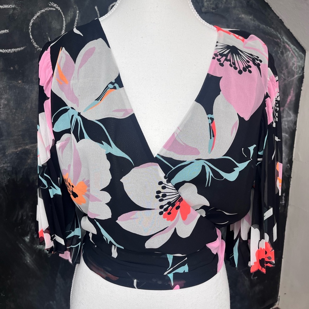 Floral Wrap Top - Black and Pink